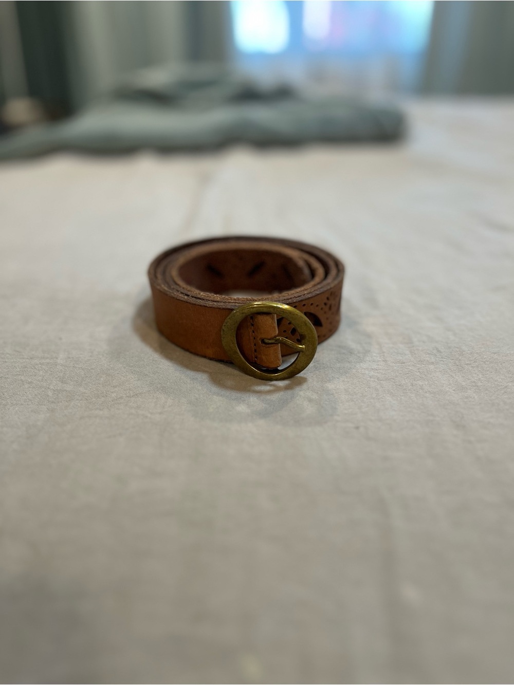 Lucky Brand Brown Leather Belt with Round Brass Buckle